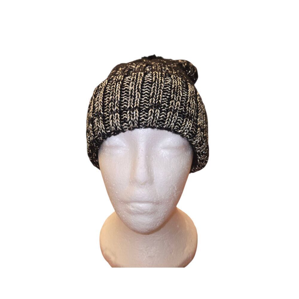 Vince Camuto Women's Black/Gold Knitted Pom Pom Bobble Hat